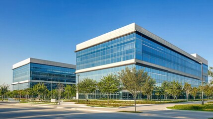 Obraz premium Two modern office buildings with glass exteriors and blue sky in the background.