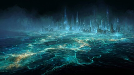 Submerged Atlantean cityscapes with ancient glowing migration paths beneath rippling water.