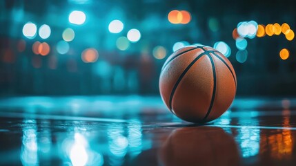 A basketball on a court with a blurred background of lights.