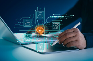 AI integration system connecting data, cloud, automation, API, and analytics through a central AI core, futuristic glowing circuit lines, Holographic UI overlay for business and technology solutions
