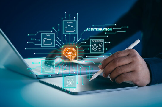 AI integration system connecting data, cloud, automation, API, and analytics through a central AI core, futuristic glowing circuit lines, Holographic UI overlay for business and technology solutions - Powered by Adobe