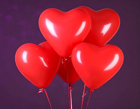 A cluster of five heart-shaped red balloons against a blurred purple background - Powered by Adobe