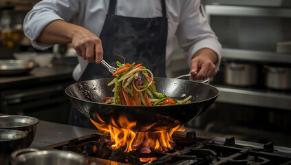 Photo of a professional chef expertly prepares a vibrant stir fry over an open flame in a commercial kitchen setting