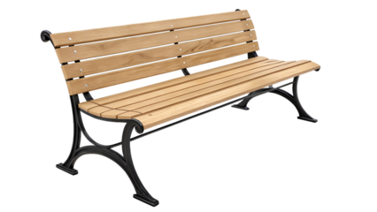 A wooden park bench with a natural finish, featuring three slats on the backrest and four on the seat. The bench has black metal supports with an ornate, curved design, set against a transparent.