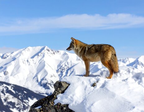 A coyote stands on a snow-covered rock, overlooking a majestic snow-capped mountain range under a clear blue sky