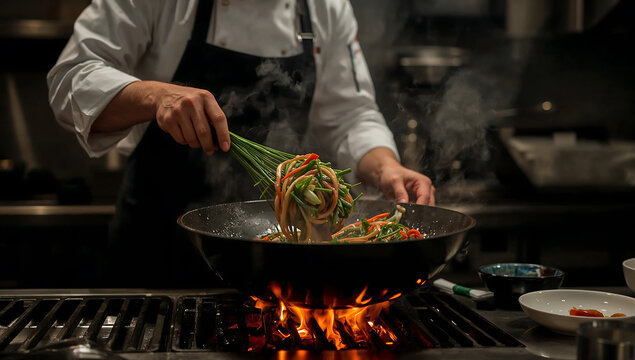 Photo of professional chef preparing delicious stir fry in a hot wok with flames in a restaurant kitchen - Powered by Adobe
