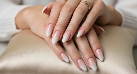 Fototapeta premium Elegantly Manicured Hands with Ombre Nails Displayed on a Silk Pillow, Accentuated by a Delicate Gold Ring and Soft Lighting for a Luxurious Feel.