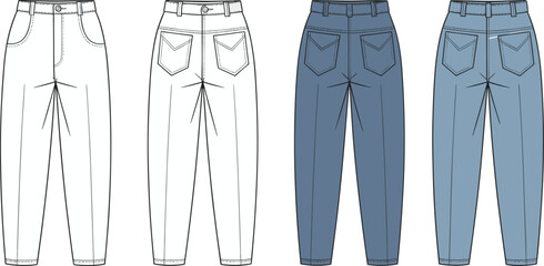 Denim jeans fashion flat sketch, front and back view, technical drawing, clothing design template, vector illustration for apparel manufacturing industry
