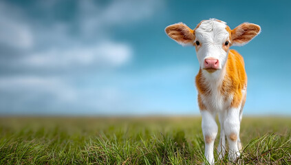Obraz premium A cute calf stands in a lush green field under a bright blue sky, showcasing the beauty of rural life and nature.