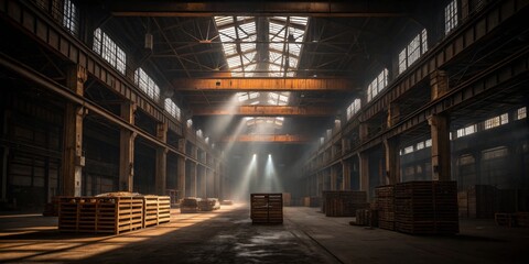 Obraz premium Sunlight beams dance through an abandoned warehouse filled with wooden pallets