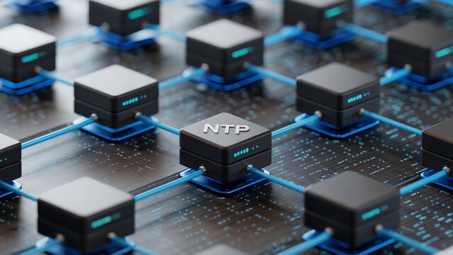 Network Time Protocol NTP System Architecture with Connected Servers and Blue Cables Representing Data Transfer in a Distributed Computing Environment