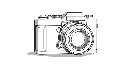 Black and white line art illustration of a vintage camera. Minimalist sketch of classic photography equipment.