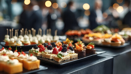 A beautifully arranged platter of assorted gourmet desserts featuring vibrant fruits, elegant cakes, and delicious treats for any occasion.