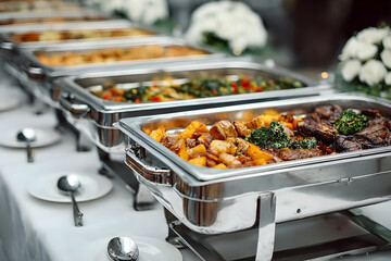 Obraz premium A beautifully arranged buffet featuring a variety of delicious entrees and vibrant garnishes, perfect for any event.