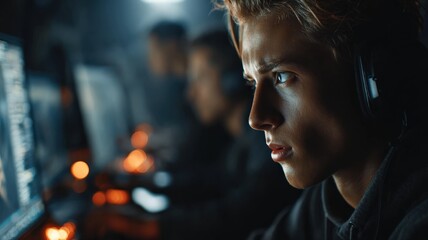 War in cyberspace, a hacker attempting to shut down a digital attack, intense focus, glowing screens, cinematic suspense.