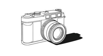 Minimalist line art illustration of a vintage analog camera. A retro photographic equipment sketch isolated on a white background.