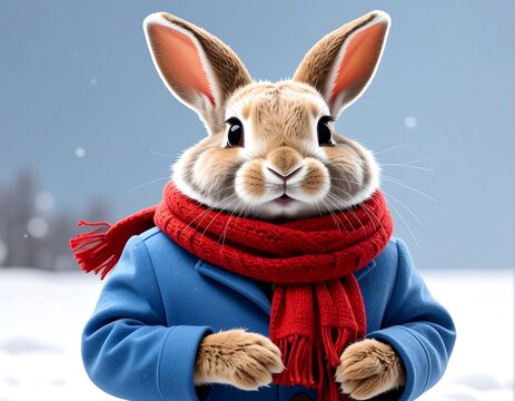 A fluffy brown rabbit in a blue coat and red scarf, set against a snowy winter background