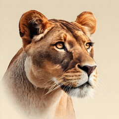 Naklejka premium A majestic lioness portrait, showcasing her powerful presence and striking gaze against a neutral backdrop.