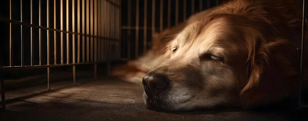 A golden retriever rests quietly in a dimly lit crate, reflecting a moment of comfort and tranquility in a safe space.