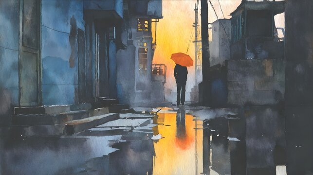 Silhouetted Person in City Alley with Orange Umbrella, Generative AI