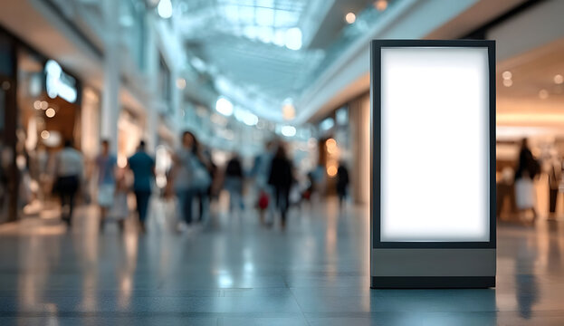 A blank advertisement board in a busy shopping mall, showcasing the vibrant atmosphere of retail and consumer activity.
