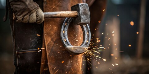 Crafting a horseshoe through sparks and skill at dusk in a forge