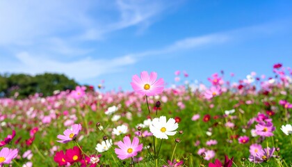 Beautiful cosmos flower field in full bloom against soft blurred background, delicate petals, vibrant colors, serene floral landscape, nature beauty, peaceful and romantic garden scene