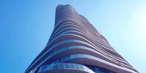 A modern, curved skyscraper with multiple balconies against a clear blue sky.
