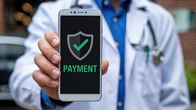 Doctor shows smartphone screen with secure payment icon and text, symbolizing healthcare finance safety