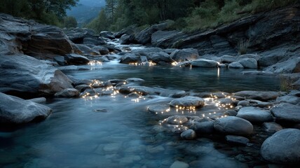 Water flowing over smooth stones in a river, generating clean hydroelectric power visualized as subtle light trails.
