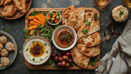 Photo of overhead shot of a delicious hummus platter with fresh vegetables and flatbread served on a wooden board