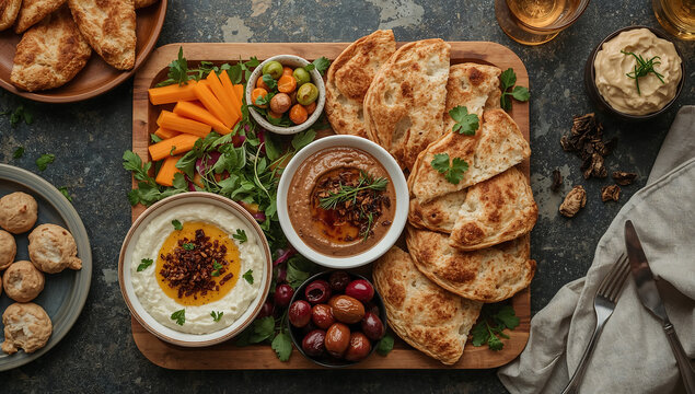 Photo of overhead shot of a delicious hummus platter with fresh vegetables and flatbread served on a wooden board