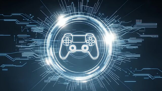 
A glowing game controller icon surrounded by digital patterns and lines, representing the technological side of gaming.