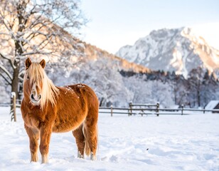 Obraz premium A chestnut pony stands in a snowy field, mountains in the background