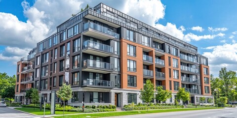 Obraz premium A modern residential building with a mix of balconies and windows, surrounded by greenery and a clear sky.