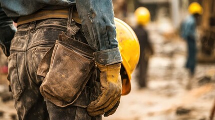 A construction worker wearing a hard hat and carrying a tool belt on a construction site.
