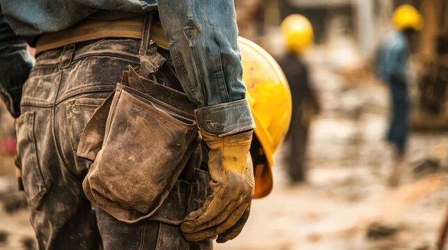 A construction worker wearing a hard hat and carrying a tool belt on a construction site.