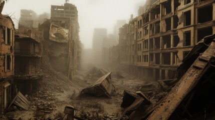 Fototapeta premium A desolate, post-apocalyptic urban landscape filled with collapsed buildings and debris, shrouded in dust and a gloomy atmosphere.
