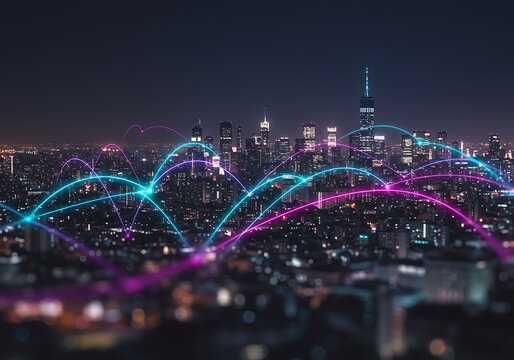 Connected Cityscape at Night with Data Network Overlay - Powered by Adobe