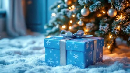Festive blue gift box with snowflake pattern under christmas tree with lights - Powered by Adobe