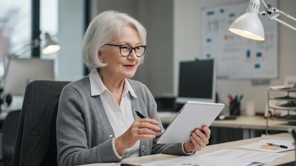 Smiling senior businesswoman in glasses using a tablet computer while sitting at her desk in a modern office, looking engaged and happy - Powered by Adobe