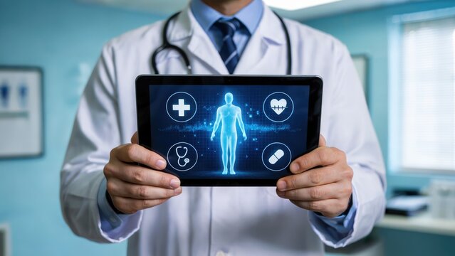 Doctor showcases futuristic medical data on tablet, highlighting patient health and diagnostics