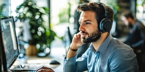 A man in a call center, wearing a headset and working on a computer.