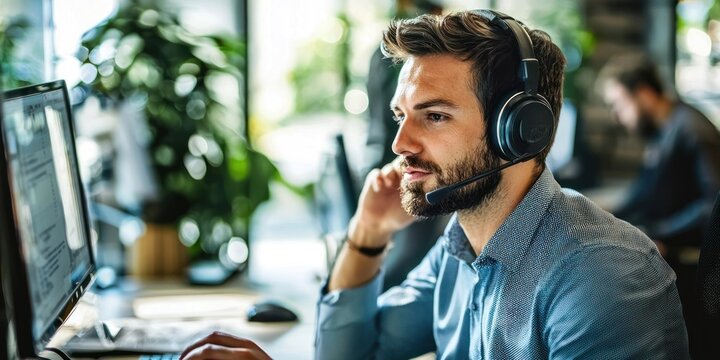 A man in a call center, wearing a headset and working on a computer. - Powered by Adobe