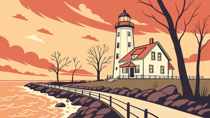 Coastal lighthouse landscape illustration vector art with pathway and house near the sea scenic view