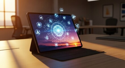 Tablet displaying interconnected data network graphic over sunset