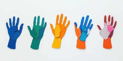 Obraz premium A series of colorful paper hands arranged in a row against a white background.