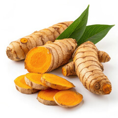 Fresh turmeric roots and slices with green leaves isolated on white background