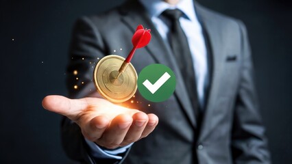 Businessman achieving financial goals with dart hitting bullseye on golden coin and checkmark symbol