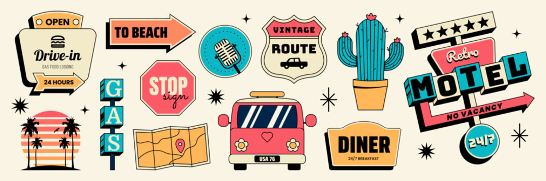 Retro sticker set with motel sign, van, diner, gas, cactus and other road trip elements. Vector illustration in vintage colorful style for vintage travel summer designs